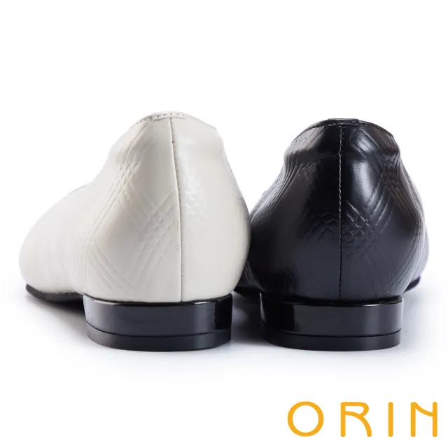 【ORIN】菱格壓紋牛皮尖頭低跟鞋(米色)