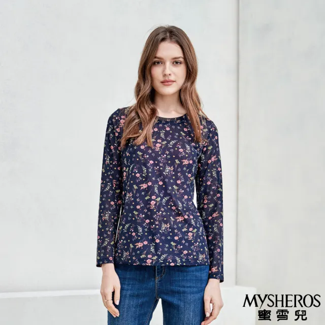 【MYSHEROS 蜜雪兒】透氣造型上衣 滿版印花 微透膚舒適面料(深藍)