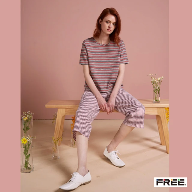 【FREE】棉麻格子口袋微皺九分褲(粉紅/紫色)