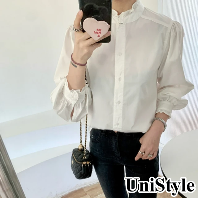 UniStyle 立領長袖襯衫 法式木耳邊小清新上衣 女 U