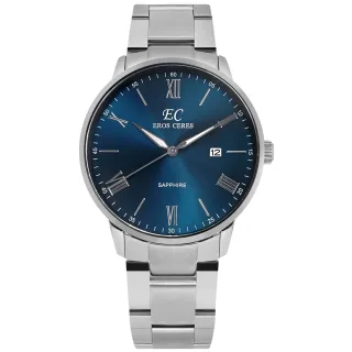【EROS CERES】簡約時尚 羅馬刻度 藍寶石水晶玻璃 日期 不鏽鋼手錶 藍色 43mm(GQ34328S-BU)