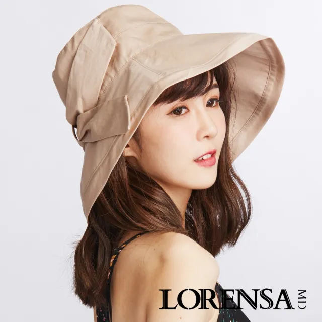 【Lorensa 蘿芮】抗UV蝴蝶結純棉透氣純色可折防風大帽簷防曬遮陽帽(杏色)