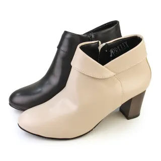 【Pretty】女靴 踝靴 短靴 粗高跟 翻領靴 微尖頭 素面 側拉鍊 台灣製(米色、黑色)