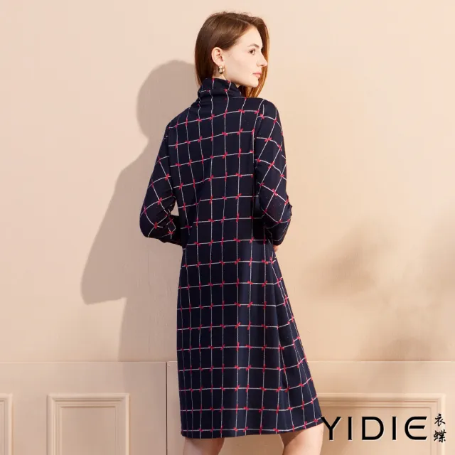 【YIDIE 衣蝶】金蔥線條彈性高領短洋裝-深藍