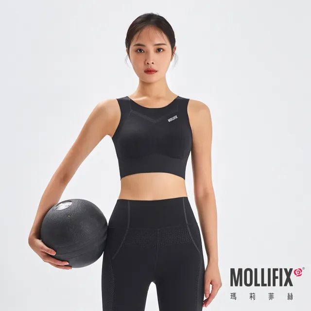 【Mollifix 瑪莉菲絲】零感智塑挖背穩定BRA TOP、瑜珈服、無鋼圈、開運內衣(黑)