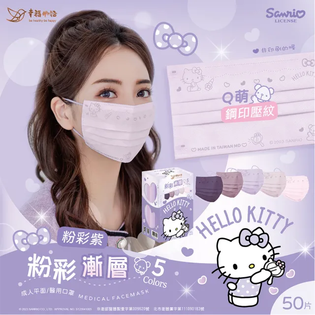 【Injoyyi 幸福物語】Hello Kitty粉彩五色醫療口罩 50片/盒(一盒5色 成人平面多款任選)