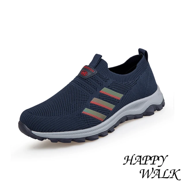 HAPPY WALKHAPPY WALK 寬楦休閒鞋 輕量休閒鞋/舒適寬楦輕量彈力飛織襪套反光條設計休閒健步鞋-男鞋(藏青)