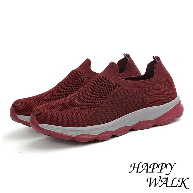 HAPPY WALKHAPPY WALK 透氣健步鞋/舒適透氣幾何花紋彈力飛織時尚休閒健步鞋(酒紅)