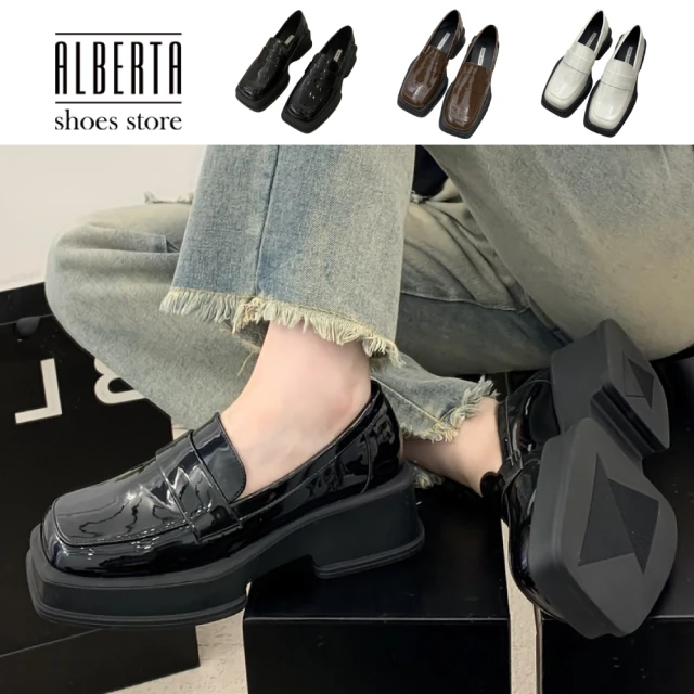 AlbertaAlberta 5cm 素色方頭厚底皮鞋 亮皮鞋面 學生鞋 包鞋 3色