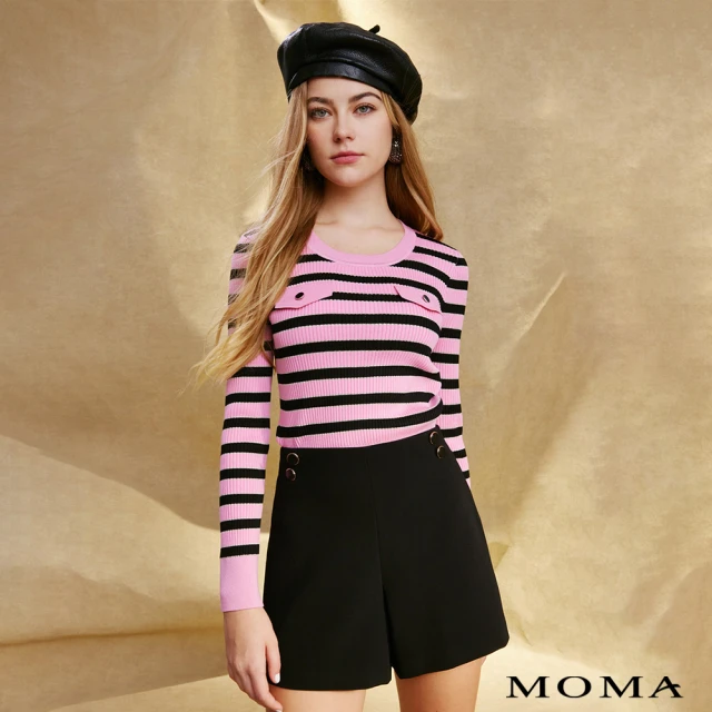 MOMA 黑粉撞色條紋針織上衣(粉色)