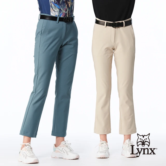 Lynx Golf 女款彈性舒適口袋壓線造型緹織LOGO鬆緊帶剪接設計靴型九分褲(二色)