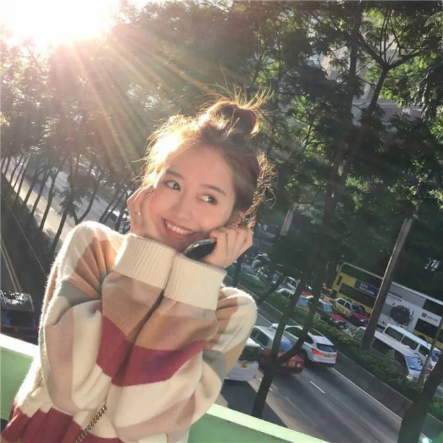 【D.studio】秋冬韓版網紅慵懶寬鬆甜美條紋長袖上衣(毛衣長袖t恤大學T女裝衣服寬鬆上衣顯瘦素T W124)
