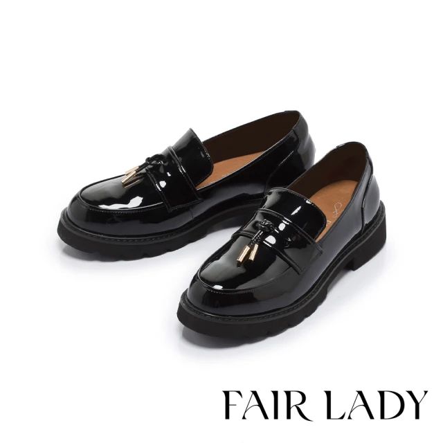 FAIR LADY 小時光 復古流蘇軟漆厚底樂福鞋(漆黑、5