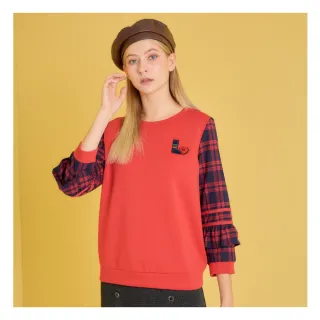 【YUTZUYA 優姿雅】輕甜英倫格紋荷葉袖上衣(立體愛心拼接七分袖上衣/T恤)