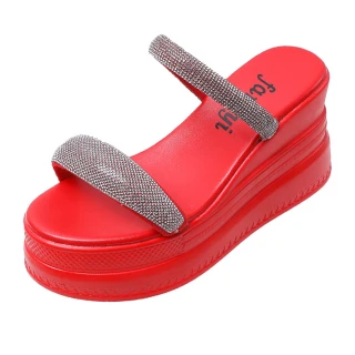 【HMH】坡跟拖鞋 厚底拖鞋 一字拖鞋/閃耀華麗一字鑽帶造型坡跟厚底拖鞋(紅)