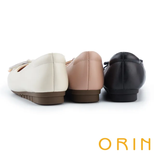 【ORIN】異材質拼接蝴蝶結真皮方頭平底鞋(黑色)