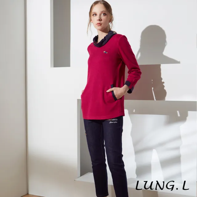 【LUNG.L 林佳樺】LN29E 藍色貼布繡加水鑽牛仔長褲(女裝 彈性 棉質)
