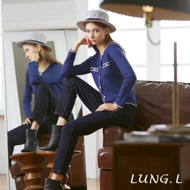【LUNG.L 林佳樺】LN29E 藍色貼布繡加水鑽牛仔長褲(女裝 彈性 棉質)