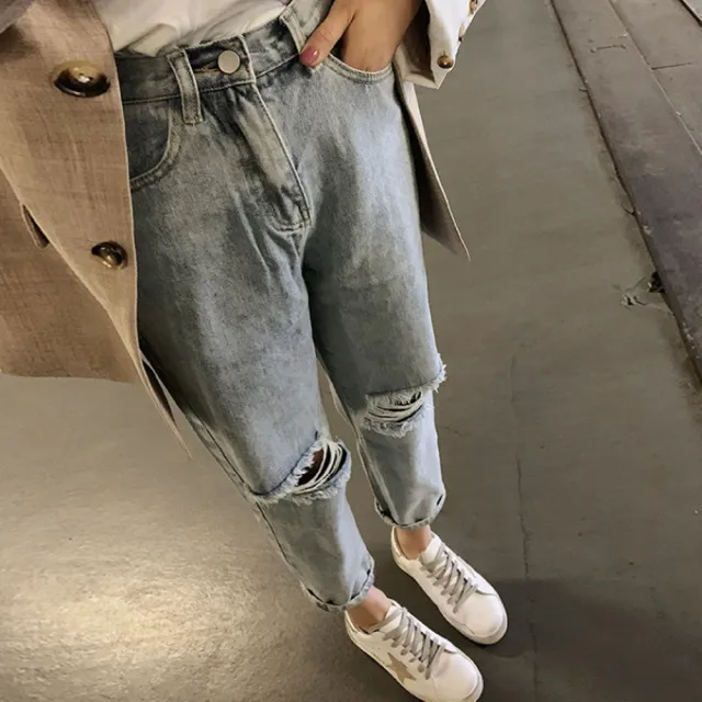 【D.studio】韓版夏季寬鬆高腰九分刷破牛仔褲(牛仔長褲 寬褲 褲子 長褲 休閒褲 女裝 工裝褲 P117)