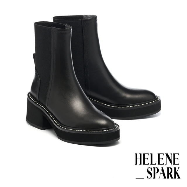 HELENE_SPARK 率性時尚純色異材質拼接高跟短靴(黑)