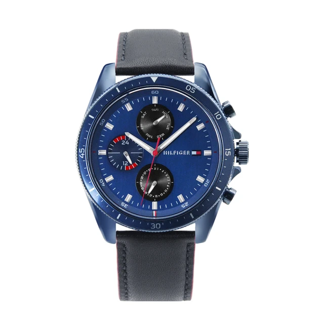 Tommy Hilfiger Parker系列 藍殼 藍面 三眼日期顯示腕錶 深藍色皮革錶帶 手錶 男錶(1791839)