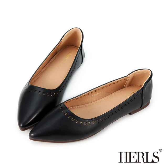 HERLS 平底鞋-虛線沖孔滾邊尖頭平底鞋(黑色)評價推薦