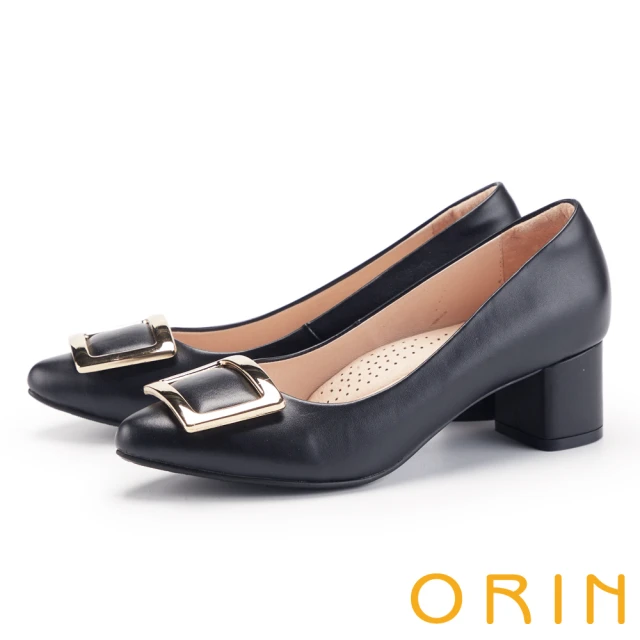ORIN 金屬方釦真皮粗中跟鞋(黑色) 推薦