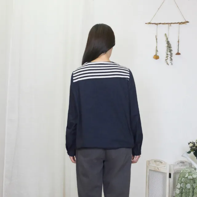 【Hana Mokuba】花木馬日系女裝面料拼接綁帶領片休閒上衣(上衣)