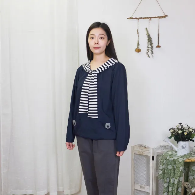 【Hana Mokuba】花木馬日系女裝面料拼接綁帶領片休閒上衣(上衣)