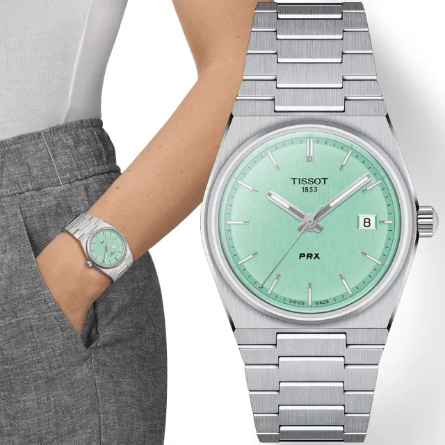 【TISSOT 天梭】PRX系列 70年代復刻石英女錶-薄荷綠/35mm 手錶 錶 生日禮 送禮(T1372101109100)