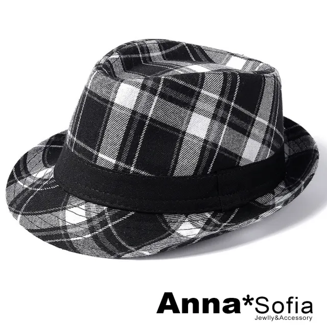 【AnnaSofia】紳士帽爵士帽禮帽-英倫格紋 現貨(黑白粗格系)