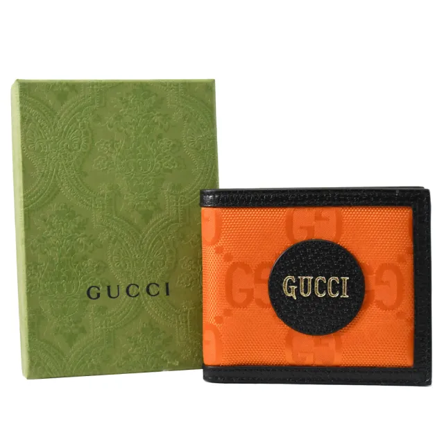 【GUCCI 古馳】新版經典雙G LOGO緹花牛皮拼接雙層8卡短夾(橘)