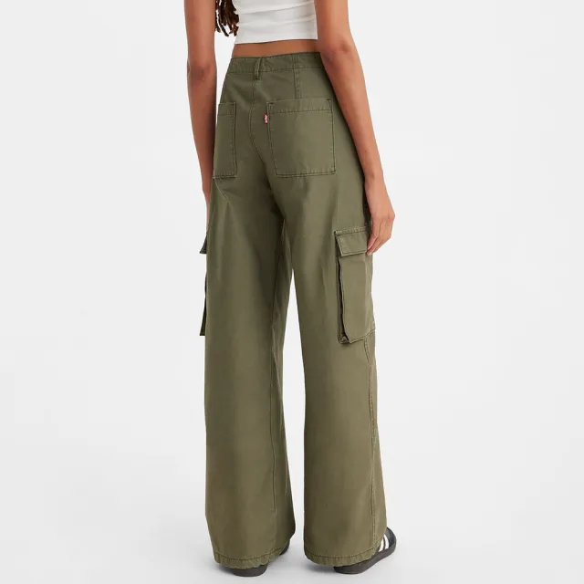 【LEVIS】女款 街頭工裝風中腰寬直筒休閒長褲 橄欖綠 熱賣單品 A6077-0004
