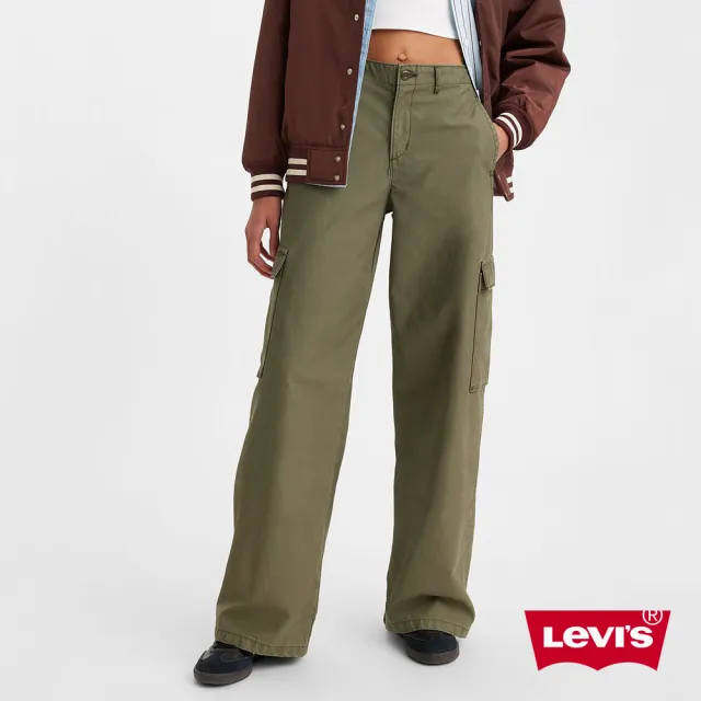 【LEVIS】女款 街頭工裝風中腰寬直筒休閒長褲 橄欖綠 熱賣單品 A6077-0004