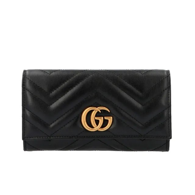 【GUCCI 古馳】GG Marmont Continental 翻蓋 卡夾 皮夾 長夾 黑色 443436