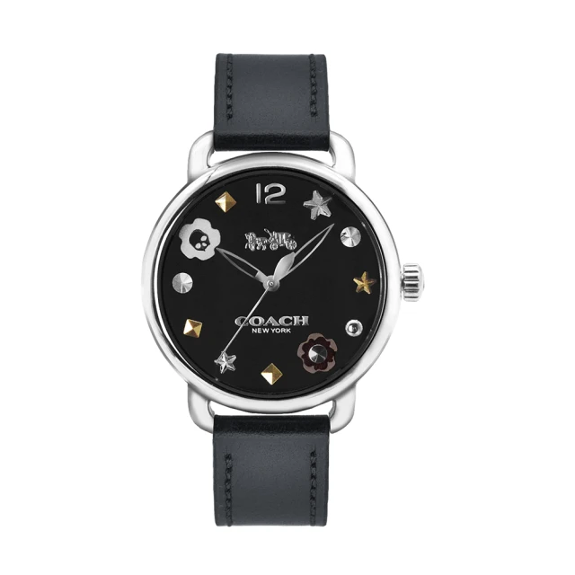 COACH Delancey系列 銀框 黑面 黑色皮革錶帶 立體時標 女錶 手錶(CO14502780)