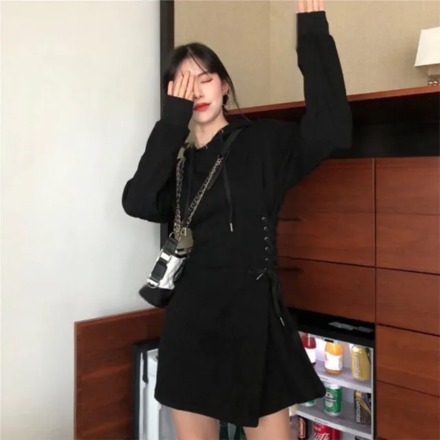 【D.studio】韓版冬季新款寬鬆顯瘦收腰短裙連帽長袖上衣(連衣裙 女裝 衣服 上衣 帽T 裙子 長袖T恤 W83)