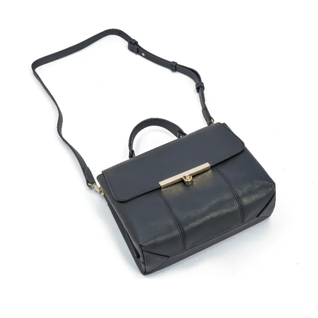【Premium Authentic】PA．Quad金屬扣兩用方包-石墨黑(PA 真皮 手提包 兩用包  斜背包 側背包)
