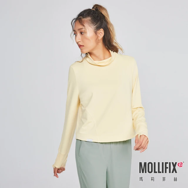 Mollifix 瑪莉菲絲 溫暖薄絨小高領長袖上衣、瑜珈上衣、瑜珈服(香草黃)