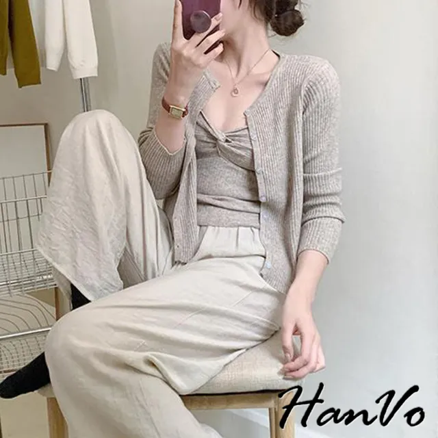【HanVo】現貨 兩件式扭結針織長袖上衣(甜美氣質修身顯瘦套裝 韓系女裝 女生衣著 A02-1953)