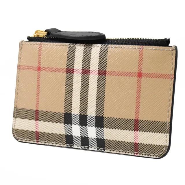 【BURBERRY 巴寶莉】英系經典格紋牛皮拼接鑰匙圈零錢包(卡其/黑)