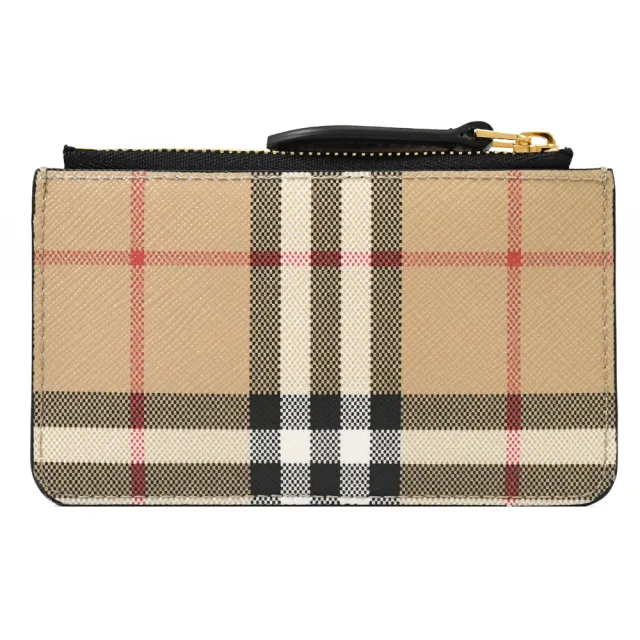【BURBERRY 巴寶莉】英系經典格紋牛皮拼接鑰匙圈零錢包(卡其/黑)