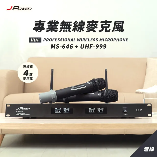 【J-POWER 杰強】震天雷 專業無線麥克風 MS-646+UHF-999 雙麥組(震天雷 無線麥克風 646 UHF 999)