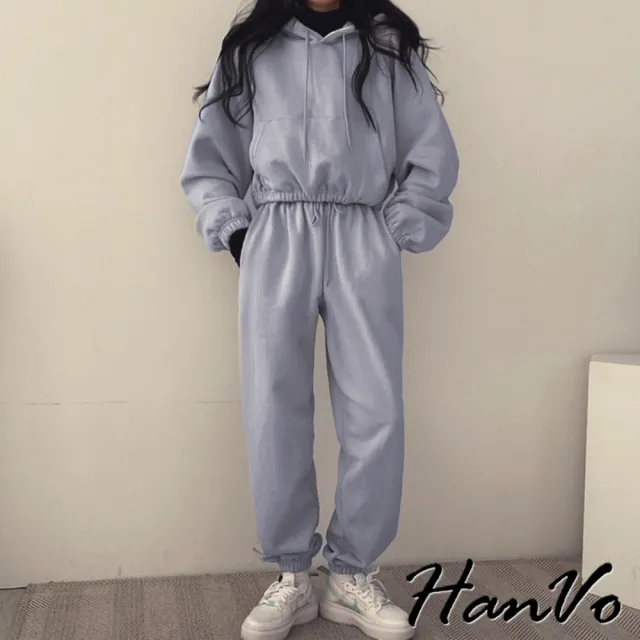 【HanVo】現貨 韓版縮腰休閒長袖長褲套裝(親膚涼感連帽運動套裝 日常韓系女裝 女生衣著 A08-5971)