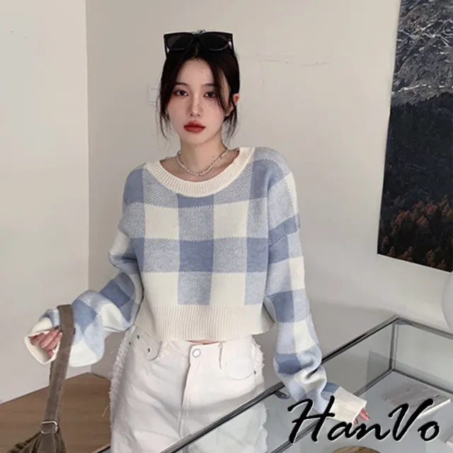【HanVo】現貨 經典棋盤大格紋短版針織衣(柔軟親膚百搭格紋針織上衣 韓系女裝 女生衣著 A02-1939)