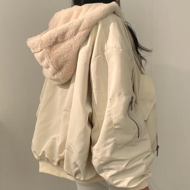 【D.studio】韓版兩面穿復古色系寬鬆加厚毛毛外套(厚外套 連帽外套 大衣 上衣 女裝 衣服 J183)