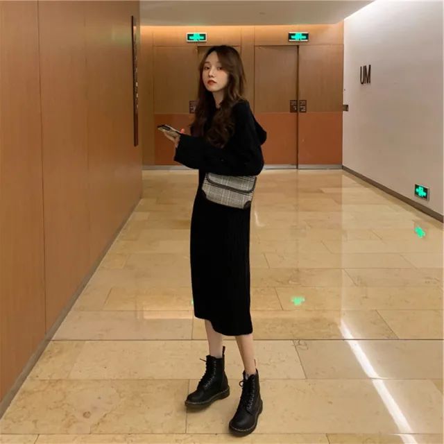 【D.studio】韓版寬鬆長版針織連帽針織上衣(毛衣長袖上衣女裝衣服寬鬆上衣顯瘦上衣冬裝連衣裙 S162)