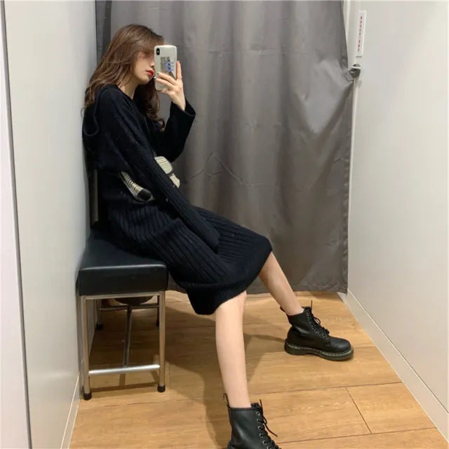 【D.studio】韓版寬鬆長版針織連帽針織上衣(毛衣長袖上衣女裝衣服寬鬆上衣顯瘦上衣冬裝連衣裙 S162)