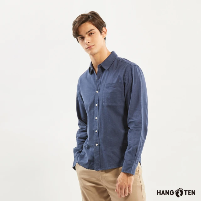 Hang Ten 男裝-牛津布經典素面彈性長袖襯衫(深花紗藍)