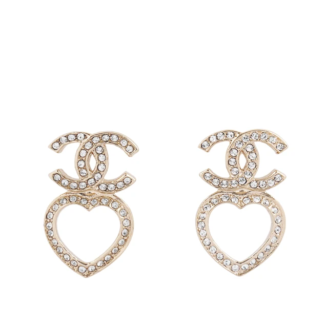 CHANEL 香奈兒 CC Logo 及鏤空愛心水晶鑲飾針式耳環(金色)
